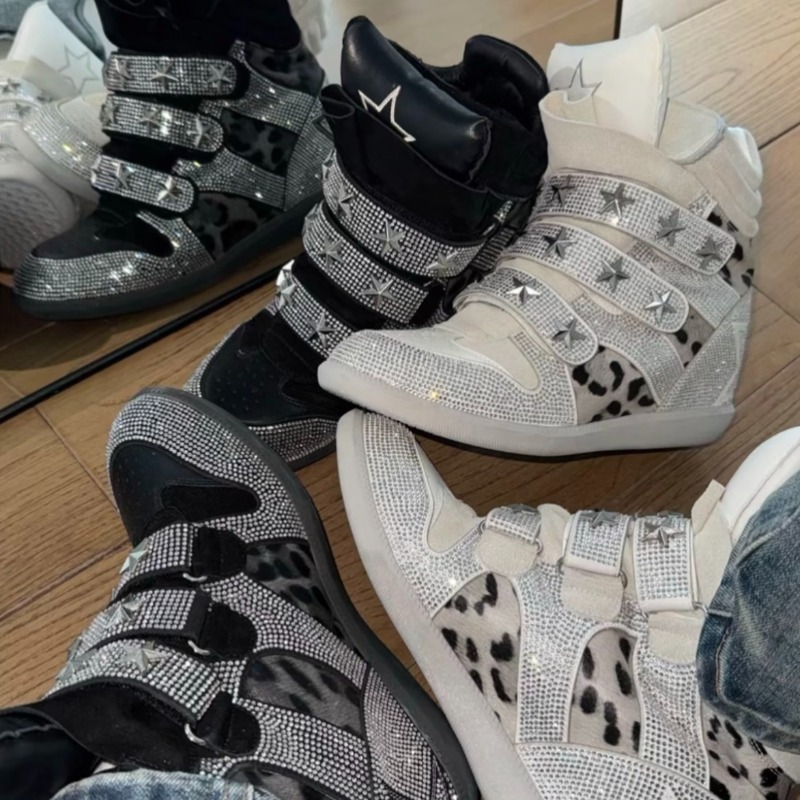 Ethnic Modern Fashion - High‑Top Hidden Wedges Sneakers Rhinestone Star